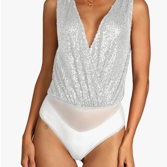 FAIABLE Sequin Bodysuit - Sparkly Glitter BodySuit for Women Deep V Sleeveless - Picture 4 of 5
